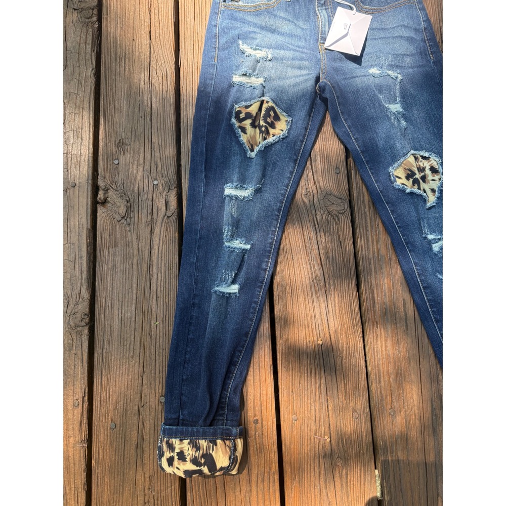 KanCan Safari Soul Skinny Jeans Distressed Leopard Print Patch Dark Wash 7/27 - Picture 9 of 10